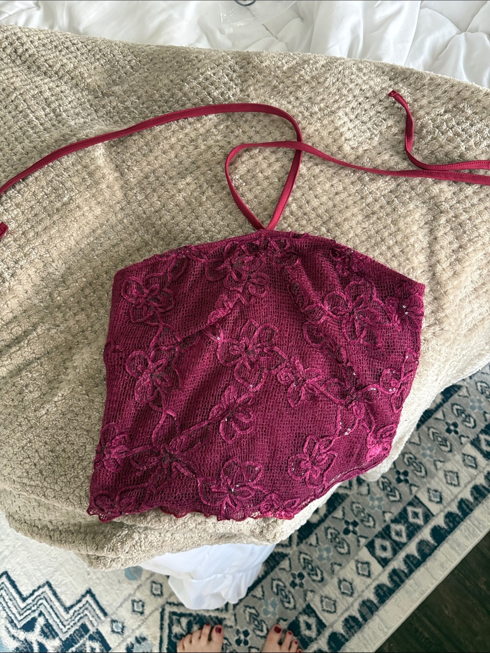 SUEER Lace Halter Crop Top - Berry